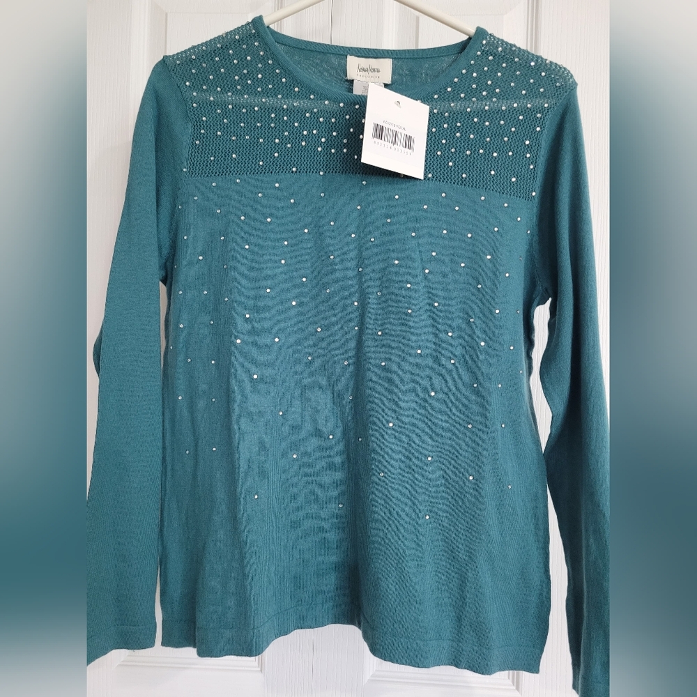 Neiman Marcus Teal Sweater with Rhinestone Details